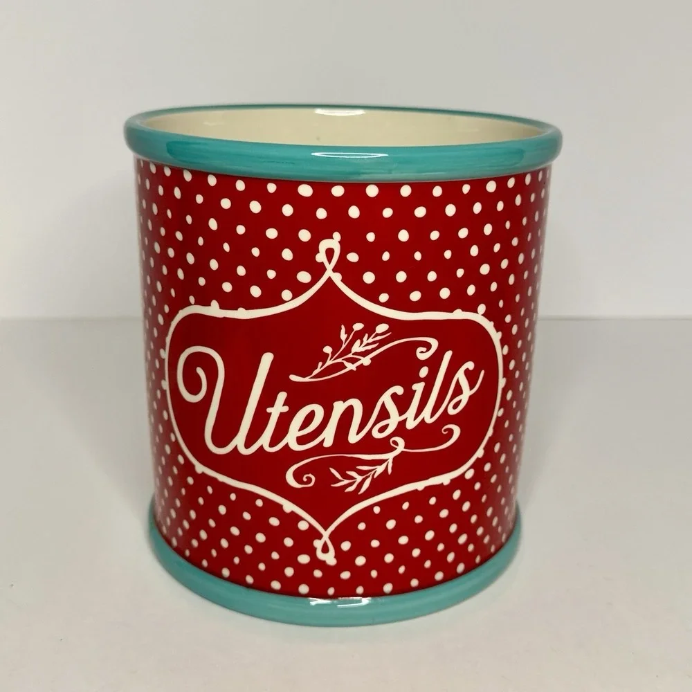 Pioneer Woman Polka Dot Utensil Crock Holder Canister Ceramic Red Teal 7
